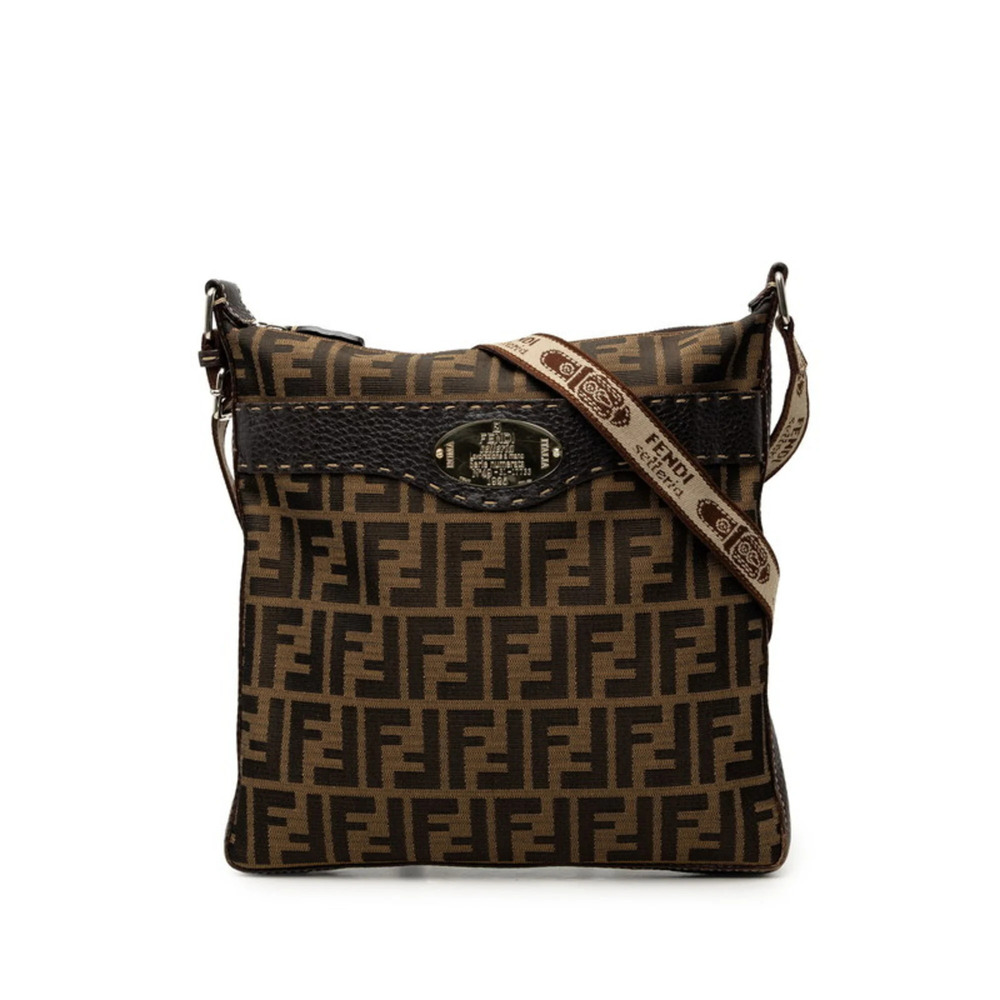 Fendi Zucca Logo Plate Crossbody Shoulder Bag 8BT109 Brown Canvas SV925 Silve...